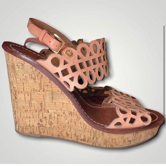 TORY BURCH Y2K VINTAGE BOHO CORK WEDGE LEATHER WESTERN SANDAL PLATFORM BROWN 8.5 - Picture 2 of 5